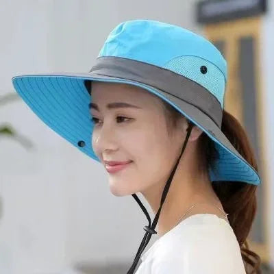 Breathable Mesh Wide Brim Sun Hat With Ponytail Hole For Beach And Fishing