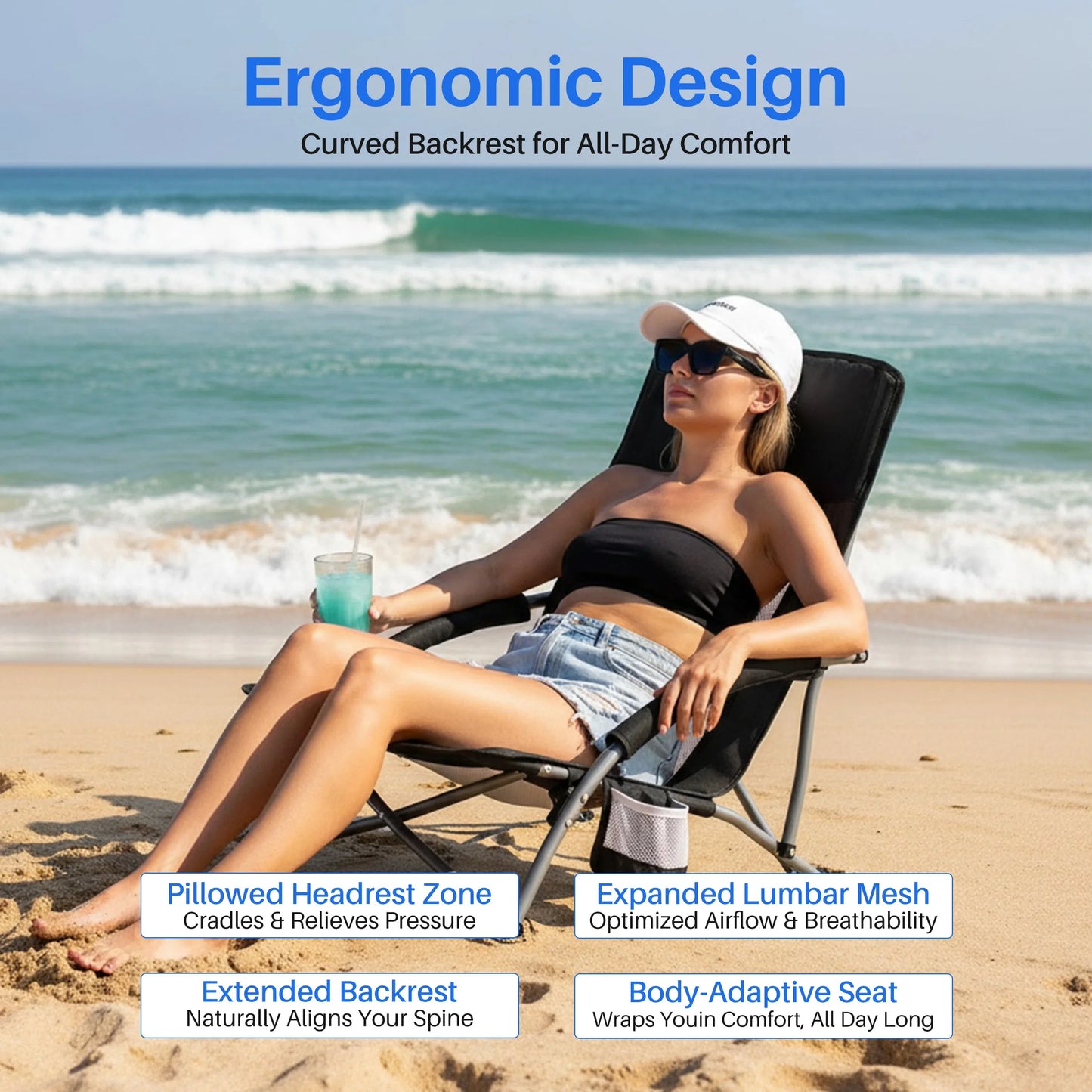 JHK Portable Lightweight Camping Beach Chair With Cup Holder