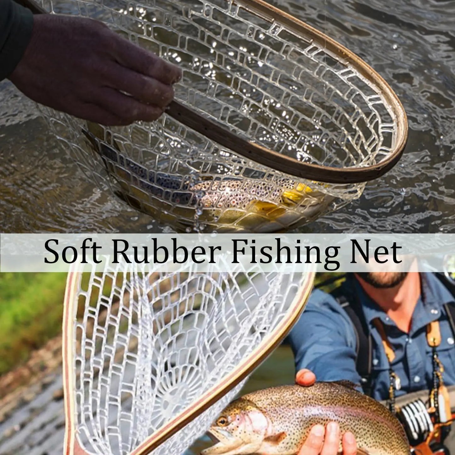 Wooden Frame Fly Fishing Landing Net With Knotless Rubber Mesh Fish Friendly