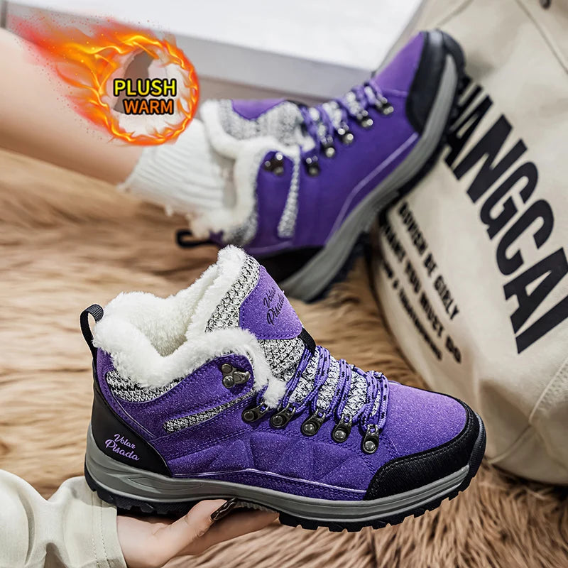 Winter Plush Fleece Lined Waterproof Snow Boots For Women Lace Up Non Slip