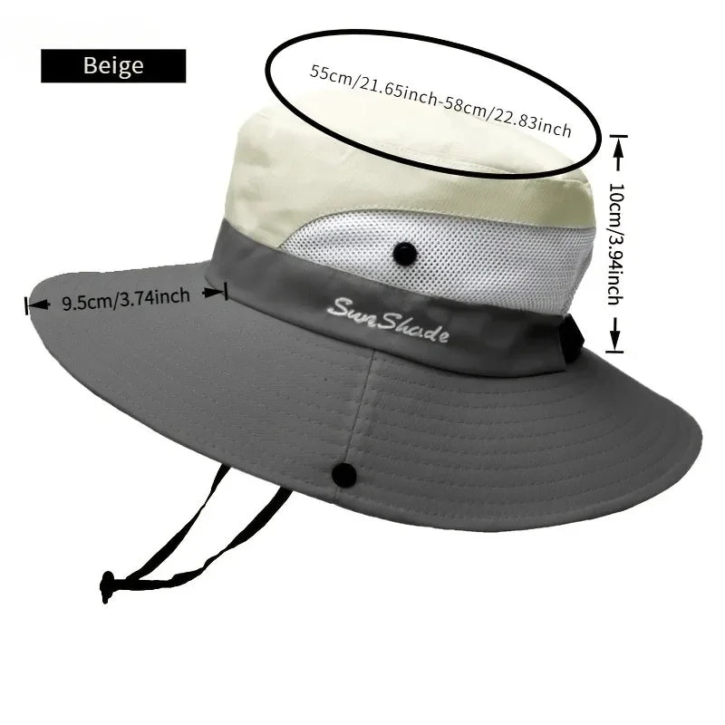 Breathable Mesh Wide Brim Sun Hat With Ponytail Hole For Beach And Fishing