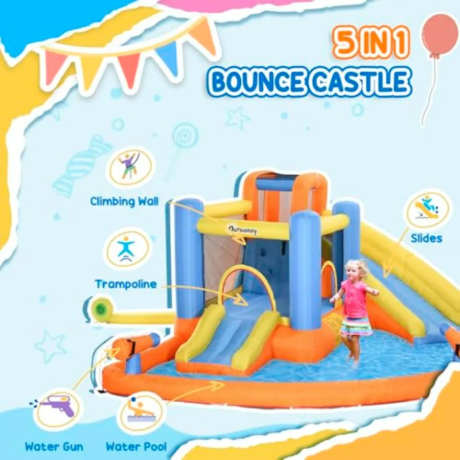 Outdoor Inflatable Water Slide 5-In-1 Bouncy Castle With Pool