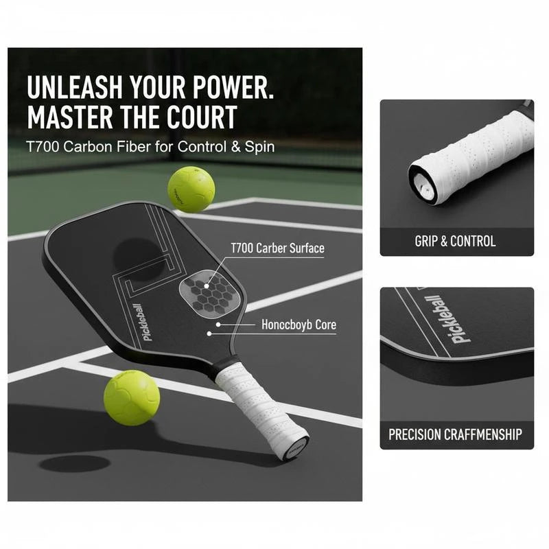 Pickleball Racket 16.5x7.5in For Tournament Club Training High Density Spin Honeycomb Core T700 Carbon Fiber Surface Black Professional Paddle Power Control Performance Adult Equipment