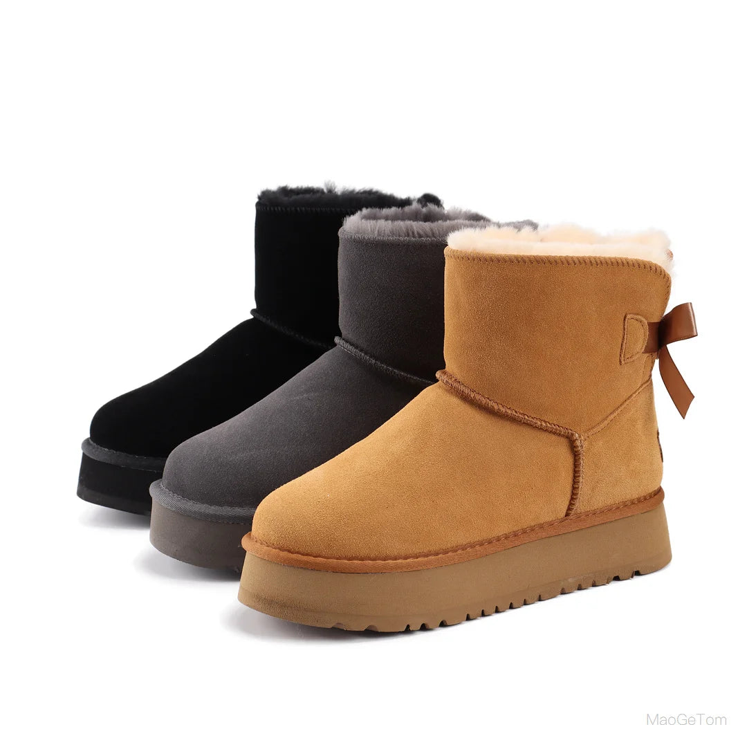 Children Winter Snow Boots with Bow and Thick Platform Sole