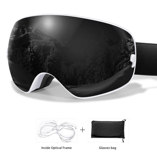 Black ski goggles with white frame on a white background, including an inside optical frame and glasses bag.