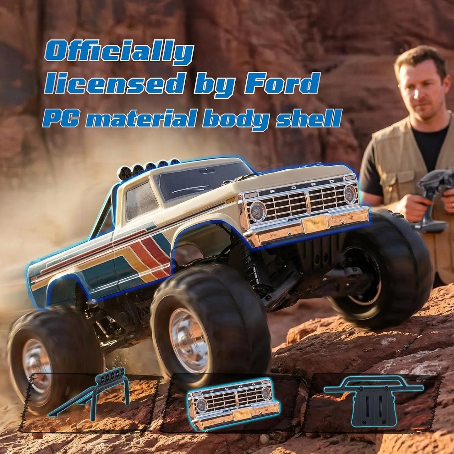 1/10 Ford F-100 Brushless Monster Truck Officially Licensed - 2WD High Speed Off-Road RC Rock Crawler, Hobby Grade Remote Control Car for Adults, RS No Battery (Black)