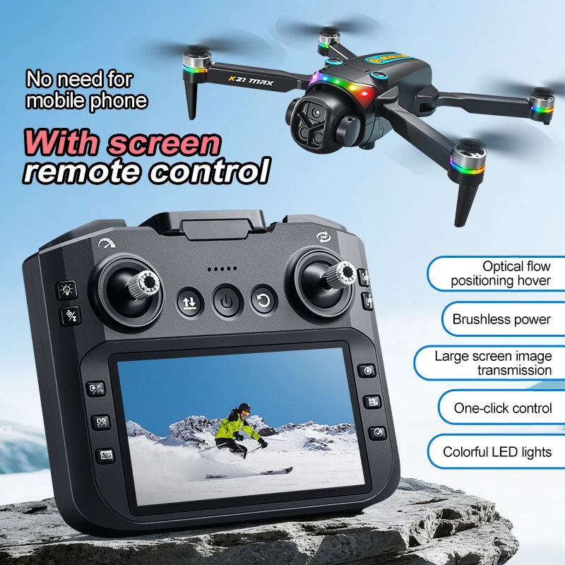 The K21MAX drone, equipped with a 4.3-inch built-in screen remote controller, is a portable remote-controlled quadcopter suitable for beginners. It supports optical flow hovering, automatic return-to-home, and makes a great h