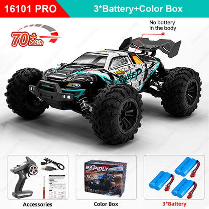 Toy monster truck with accessories and packaging on a white background
