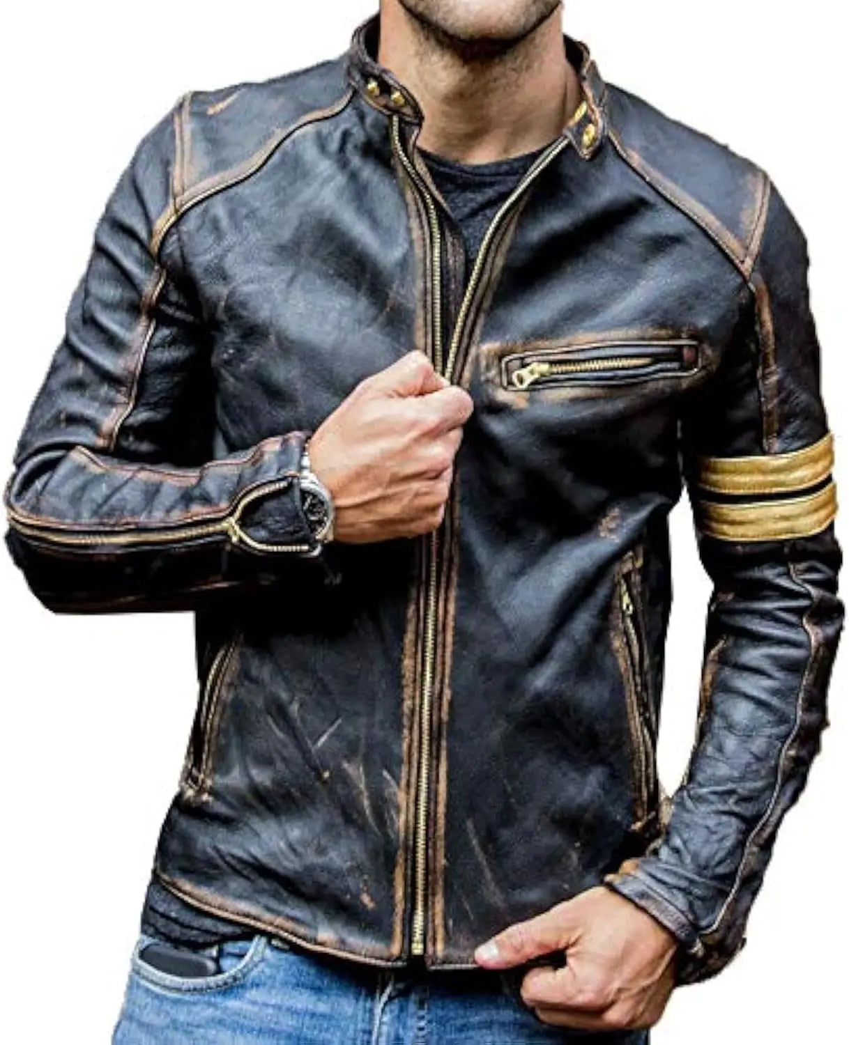JUMPSNOW Retro Leather Moto Jacket For Men Streetwear Outerwear