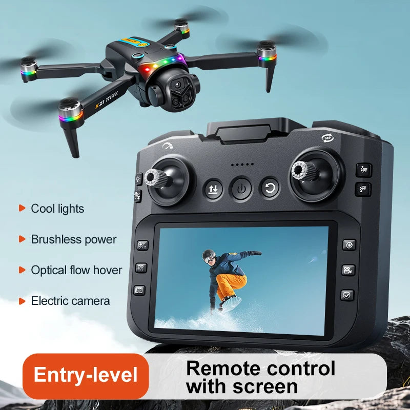 The K21MAX drone, equipped with a 4.3-inch built-in screen remote controller, is a portable remote-controlled quadcopter suitable for beginners. It supports optical flow hovering, automatic return-to-home, and makes a great h