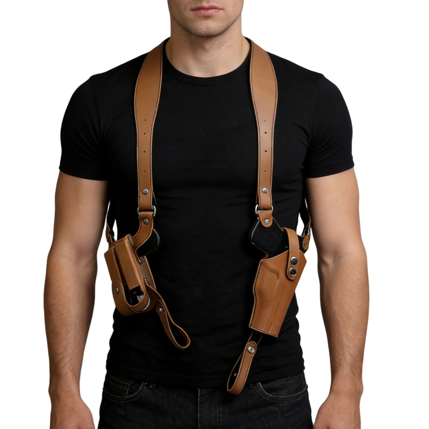 Leather  Stealth Pistol Holster with Double Magazine Pouch Adjustable Vertical Concealed Holster Fit 1911 92 92G Most Kinds of Pistols (Brown)