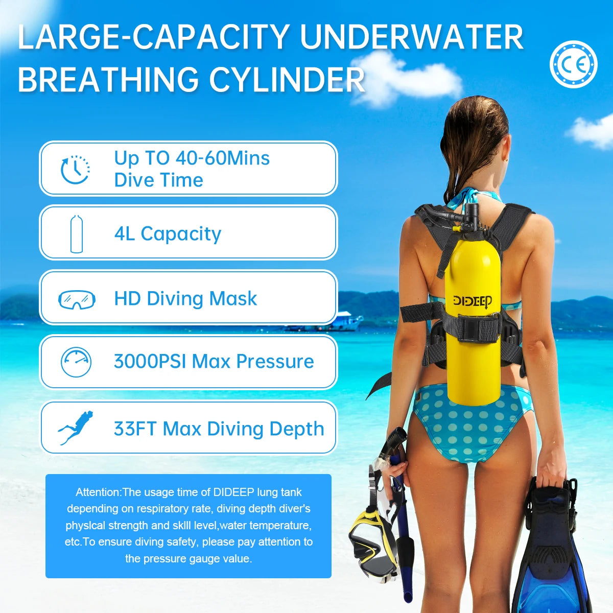 DIDEEP 4L Mini Scuba Diving Tank Set, Up to 40-60Mins Underwater Diving Time, Easy to Use Lung Bottle. Portable Diving Cylinder
