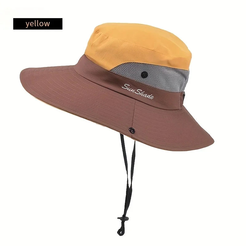 Breathable Mesh Wide Brim Sun Hat With Ponytail Hole For Beach And Fishing