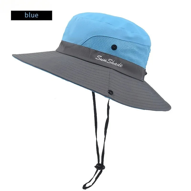 Breathable Mesh Wide Brim Sun Hat With Ponytail Hole For Beach And Fishing