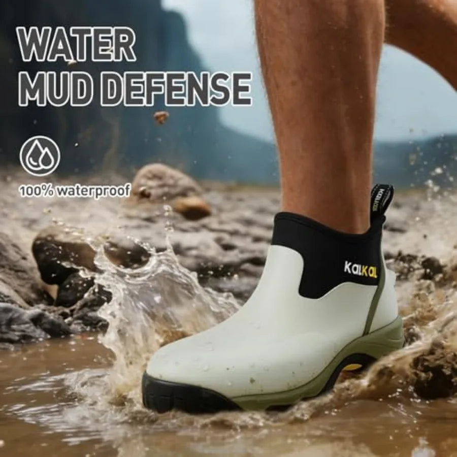 Kalkal Men Waterproof Rubber Ankle Rain Boots Insulated Work Shoe