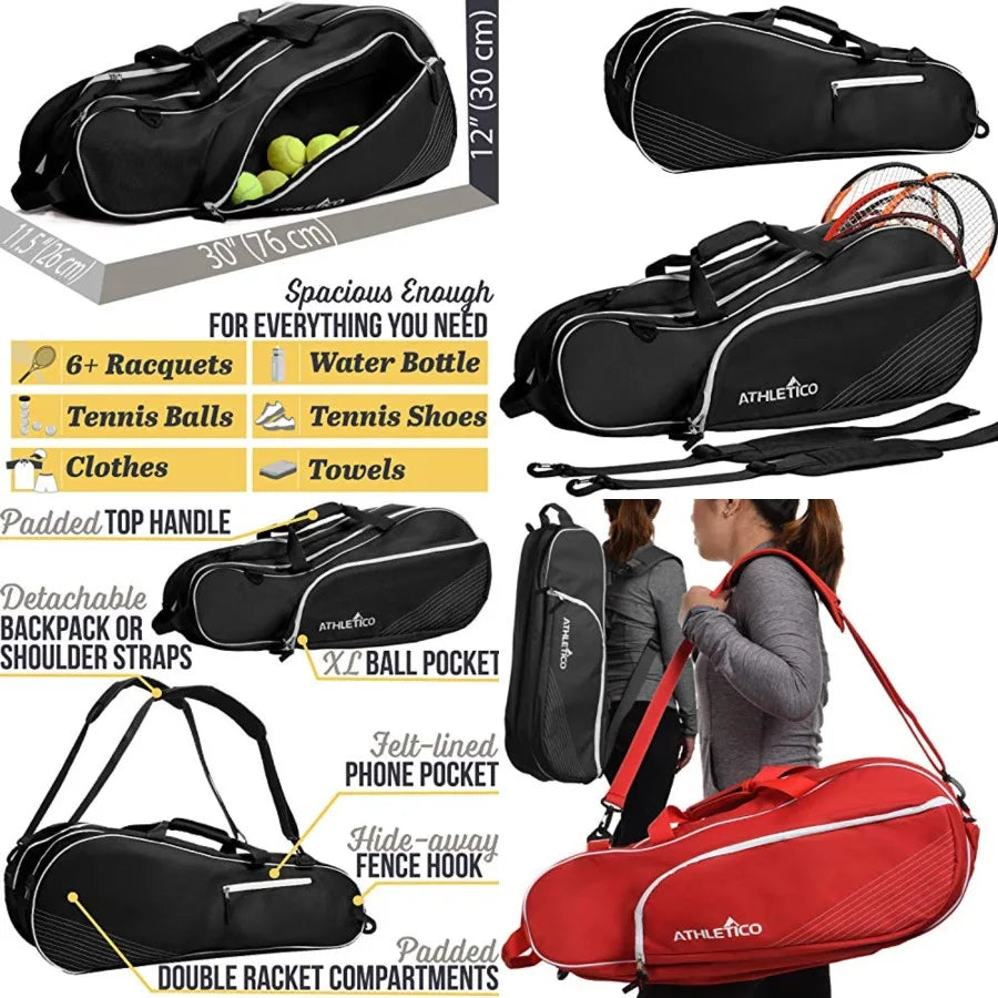 6 Racquet Tennis Bag Padded to Protect Rackets Lightweight Professional or Beginner Tennis Players Unisex Design for Men, Women