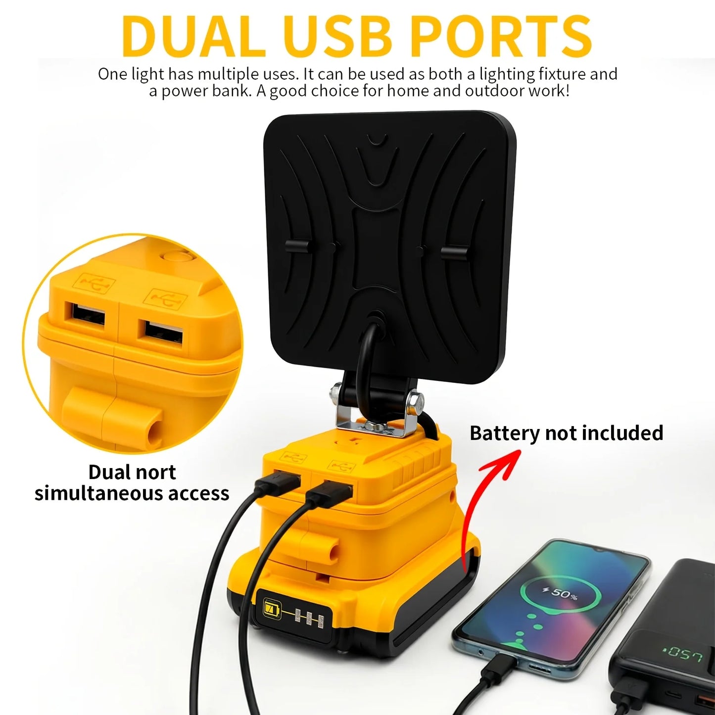 Outdoor LED Spotlight With Dual USB Ports For Dewalt 20V