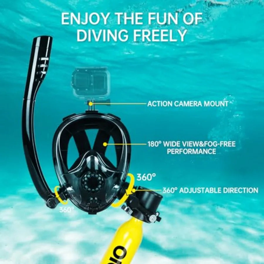 Recreational diving: aluminum mini scuba tank with sub-mask black 0.5L portable lung tank with mouthpiece for underwater breath
