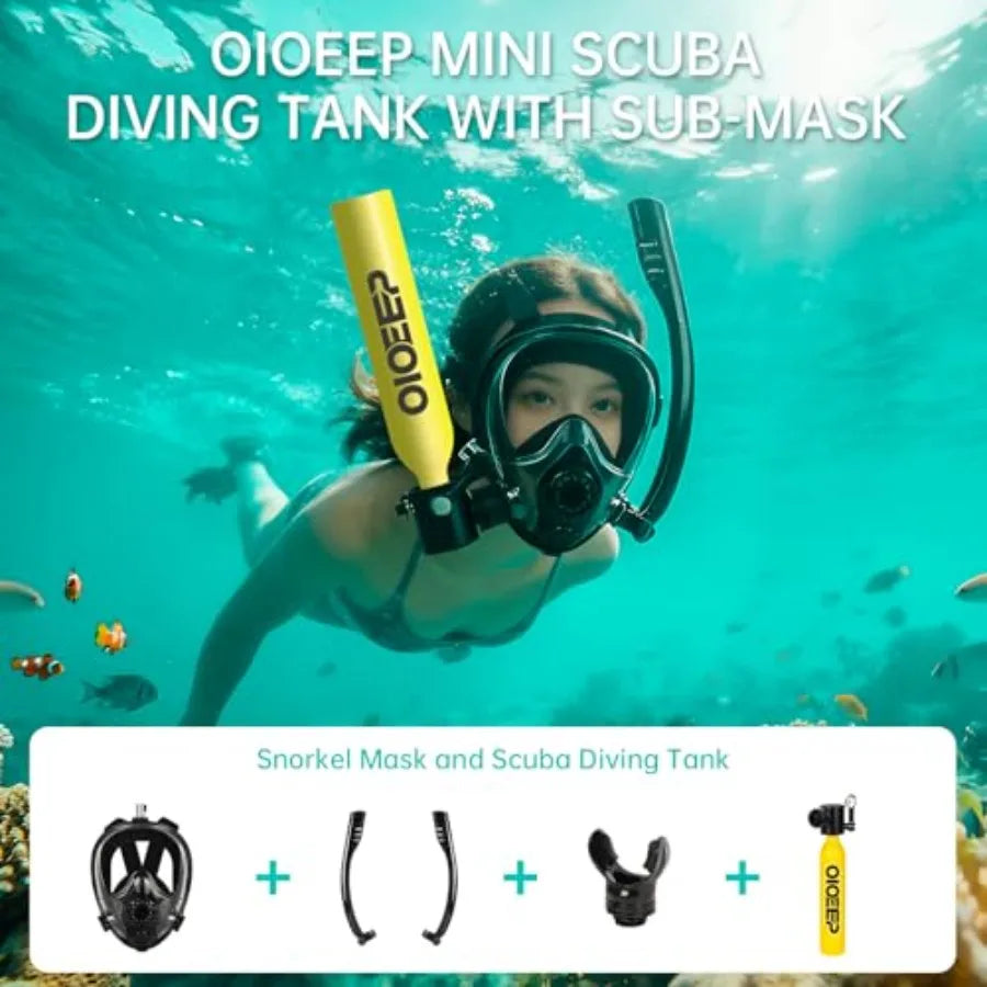 Recreational diving: aluminum mini scuba tank with sub-mask black 0.5L portable lung tank with mouthpiece for underwater breath