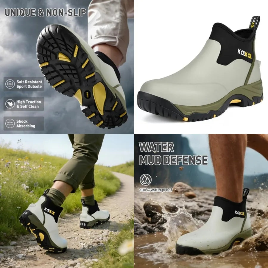 Kalkal Men Waterproof Rubber Ankle Rain Boots Insulated Work Shoe