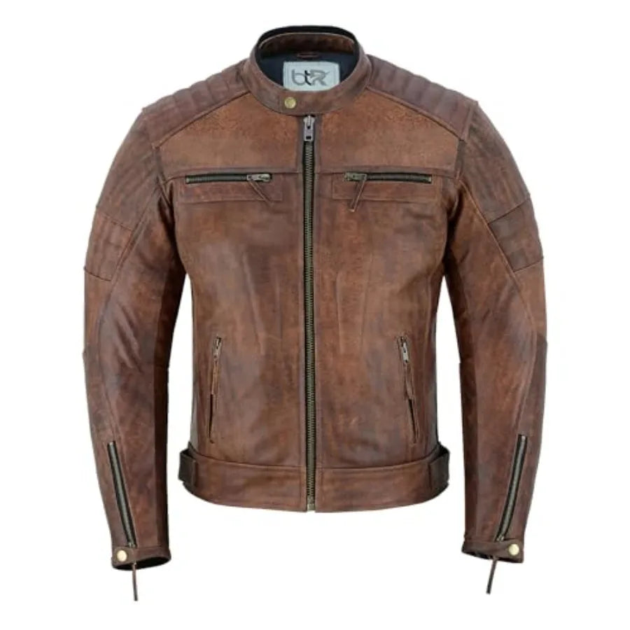 Mens Distressed Biker Jacket With Armor Pockets And Removable Liner