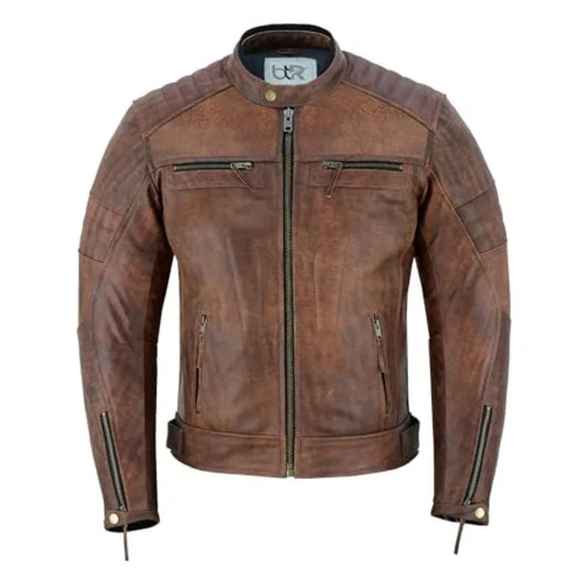 Mens Distressed Biker Jacket With Armor Pockets And Removable Liner