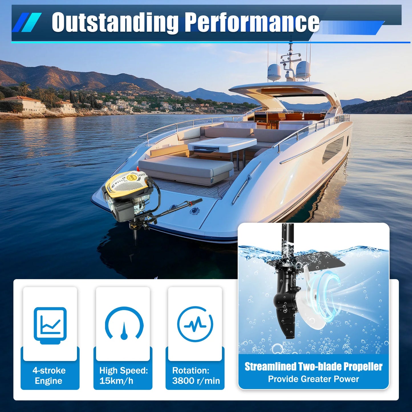 High-Quality 4-Stroke Boat Motor -  9HP Air-Cooled Hand-Start Marine Outboard with 360° Steering & Stepless Speed