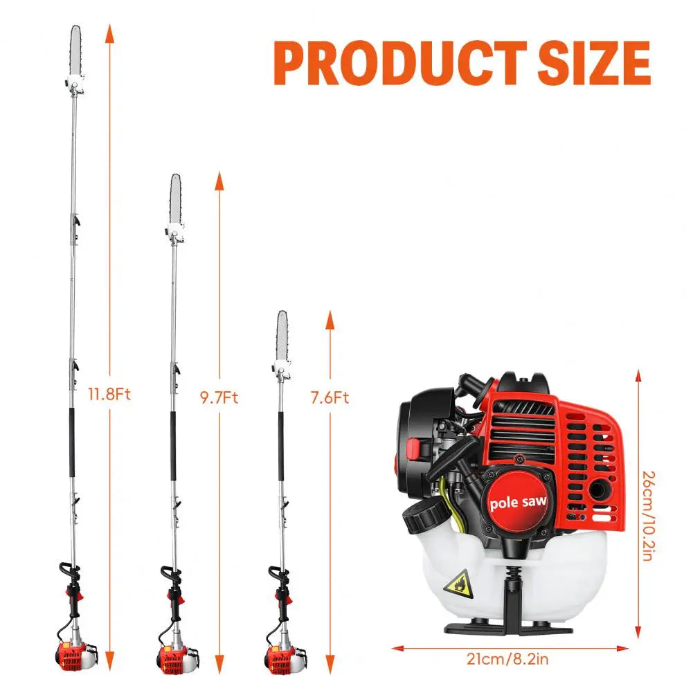 Gas Powered Pole Saw 26cc Extendable Reach 9.8 Feet