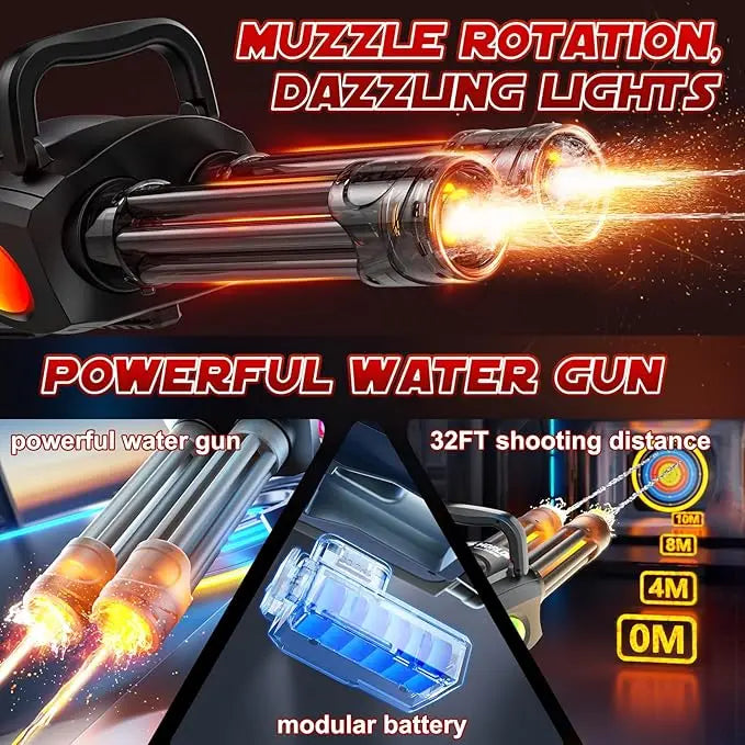 Gatling Rotating Barrel Electric Water Gun With Led Mouth Light Dual Dispensing