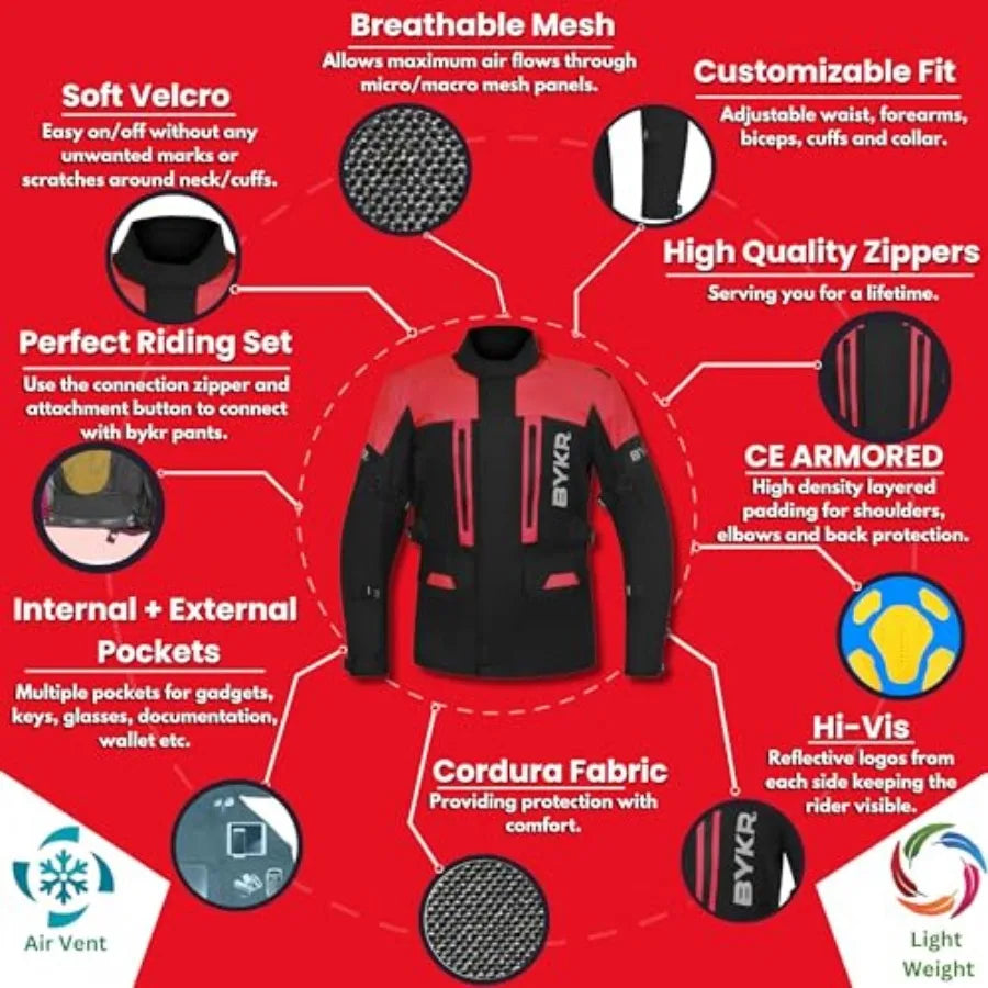 BYKR Adventure Touring Motorcycle Jacket For Men and Women Enduro Biker Textile Riding Gear CE Armo