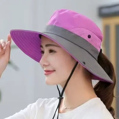 Breathable Mesh Wide Brim Sun Hat With Ponytail Hole For Beach And Fishing