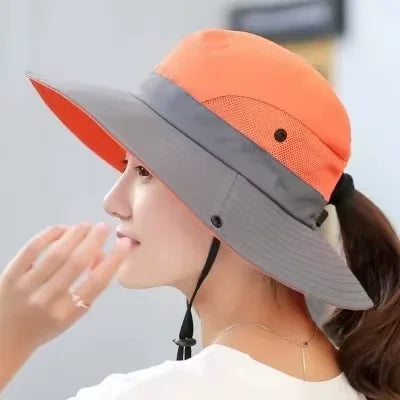 Breathable Mesh Wide Brim Sun Hat With Ponytail Hole For Beach And Fishing