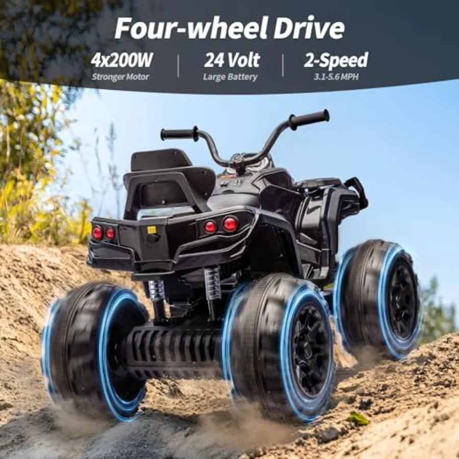 Shark ATV 4 Wheeler, 24V 4WD Electric ATV Ride On Toy for Big,4X200W Motor, 5.6Mph Max Speed - Black