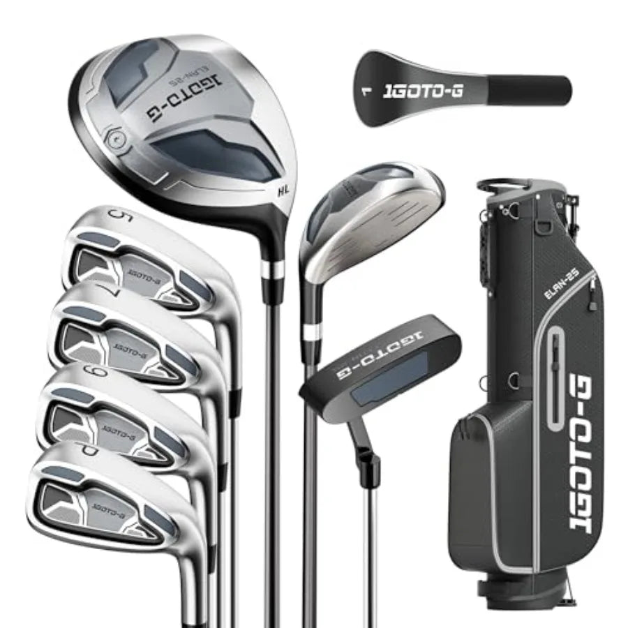 Golf clubs set for men and women: stainless steel, black/silver, complete 9-piece set with stand bag, rain hood, driver, hybrid