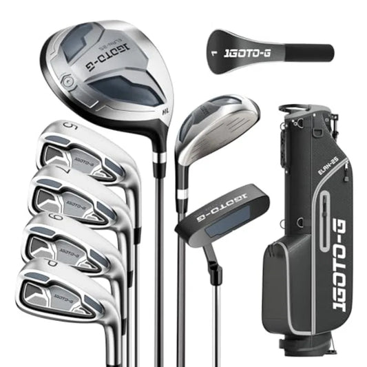 Golf clubs set for men and women: stainless steel, black/silver, complete 9-piece set with stand bag, rain hood, driver, hybrid