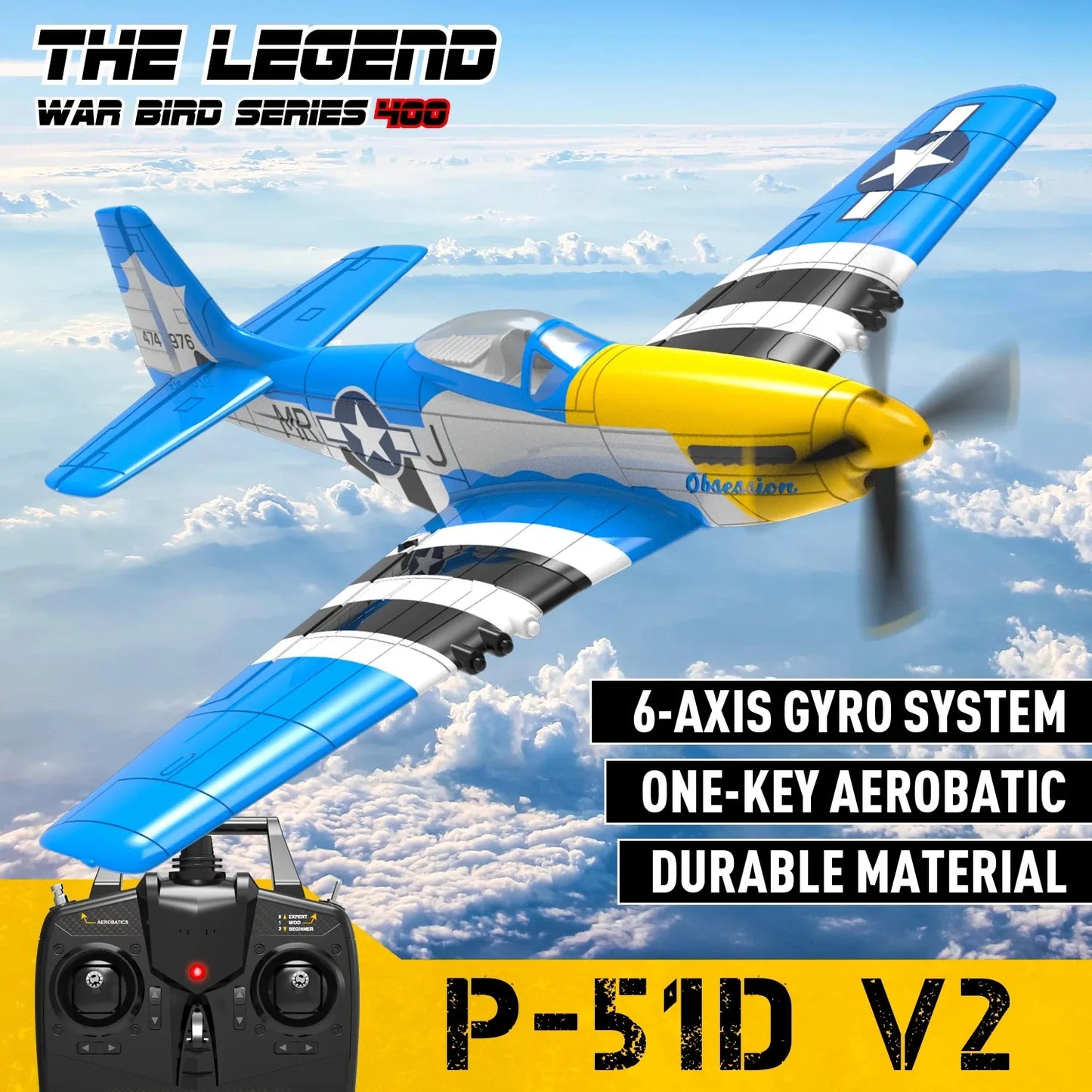 RCkuler Volantexrc 4Ch RTF RC Plane P51D Mustang OneKey Aerobatic 6Axis Gyro