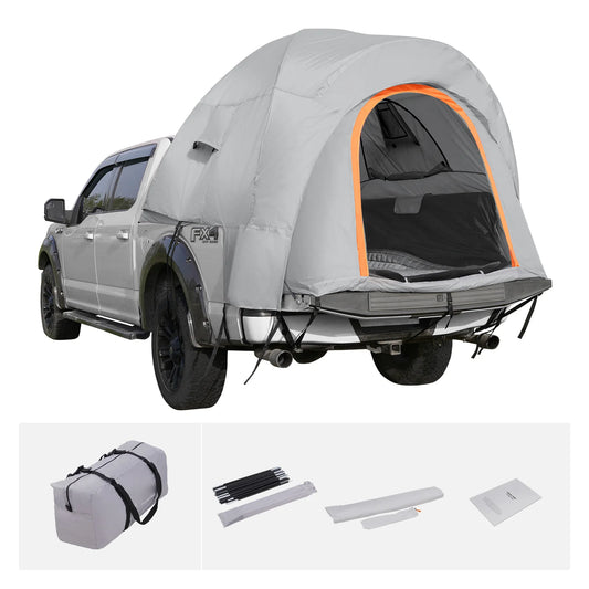 Gray truck bed tent with accessories on a white background