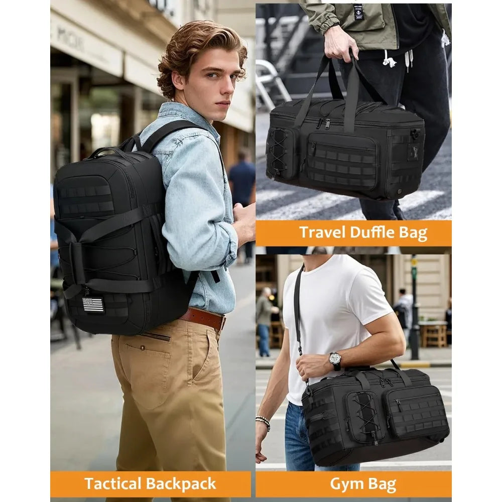50L 3-in-1 Tactical Gym Bag: Duffle, Backpack, Shoulder Bag with Shoe Compartment, Waterproof, for Travel & Workout