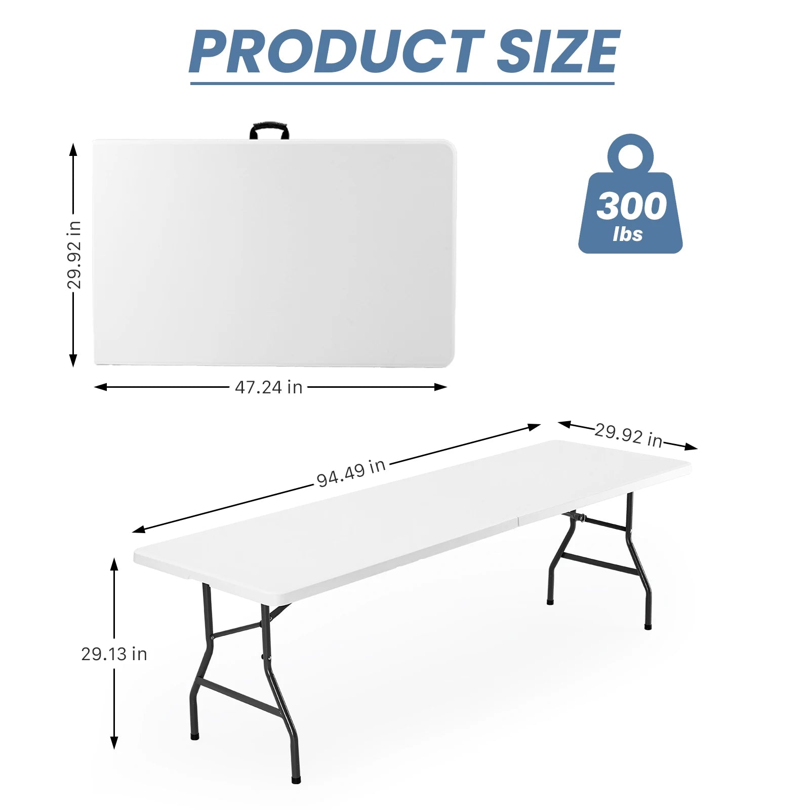 Measurement chart of a white folding table with dimensions and weight capacity.