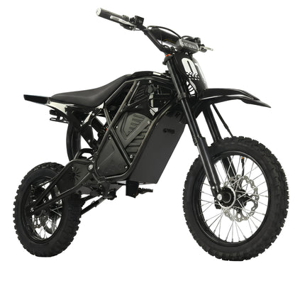 A black electric dirt bike with knobby tires, a black seat, and a visible battery pack in the frame, photographed on a solid white background.