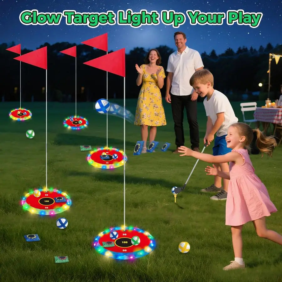 2in1 Light up Golf for Kids Golf Chipping Game amp Bean Bag Toss with 6 LED Targets, 2 Clubs, 18 Balls, Night Golfs Play for Ind