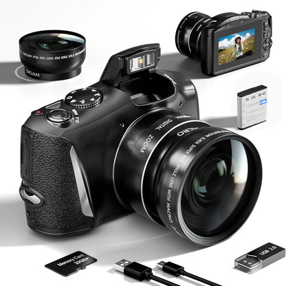 Digital camera with lens, battery, memory card, and USB cable on a white background