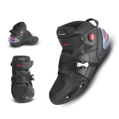 Black motorcycle boots with visible branding on a white background