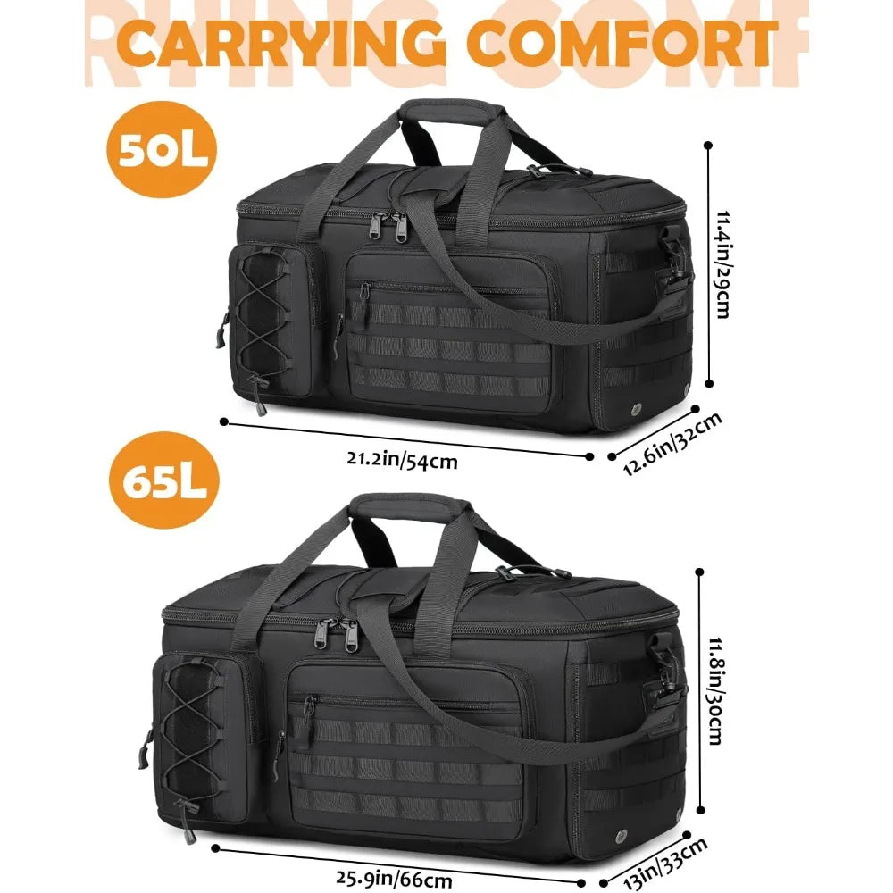 50L 3-in-1 Tactical Gym Bag: Duffle, Backpack, Shoulder Bag with Shoe Compartment, Waterproof, for Travel & Workout