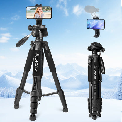 Two camera tripods with smartphone holders against a snowy mountain background