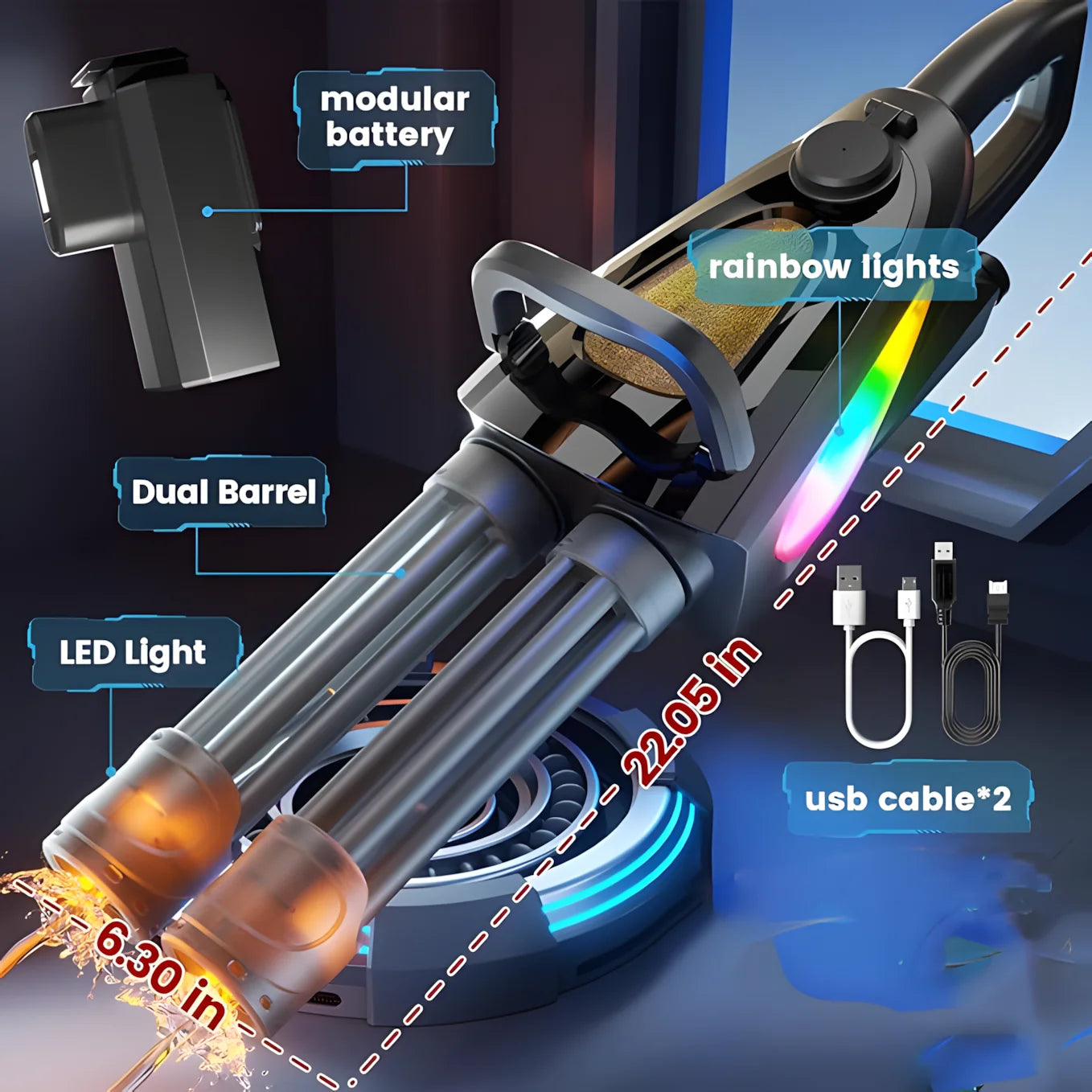 Gatling Rotating Barrel Electric Water Gun With Led Mouth Light Dual Dispensing