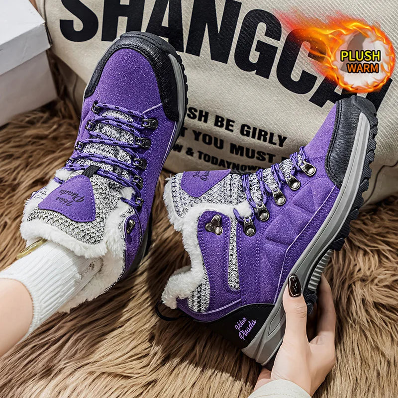 Winter Plush Fleece Lined Waterproof Snow Boots For Women Lace Up Non Slip