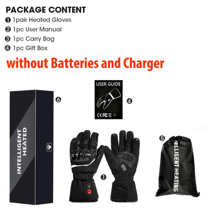 Heated gloves with packaging, user manual, carry bag, and gift box on a white background.