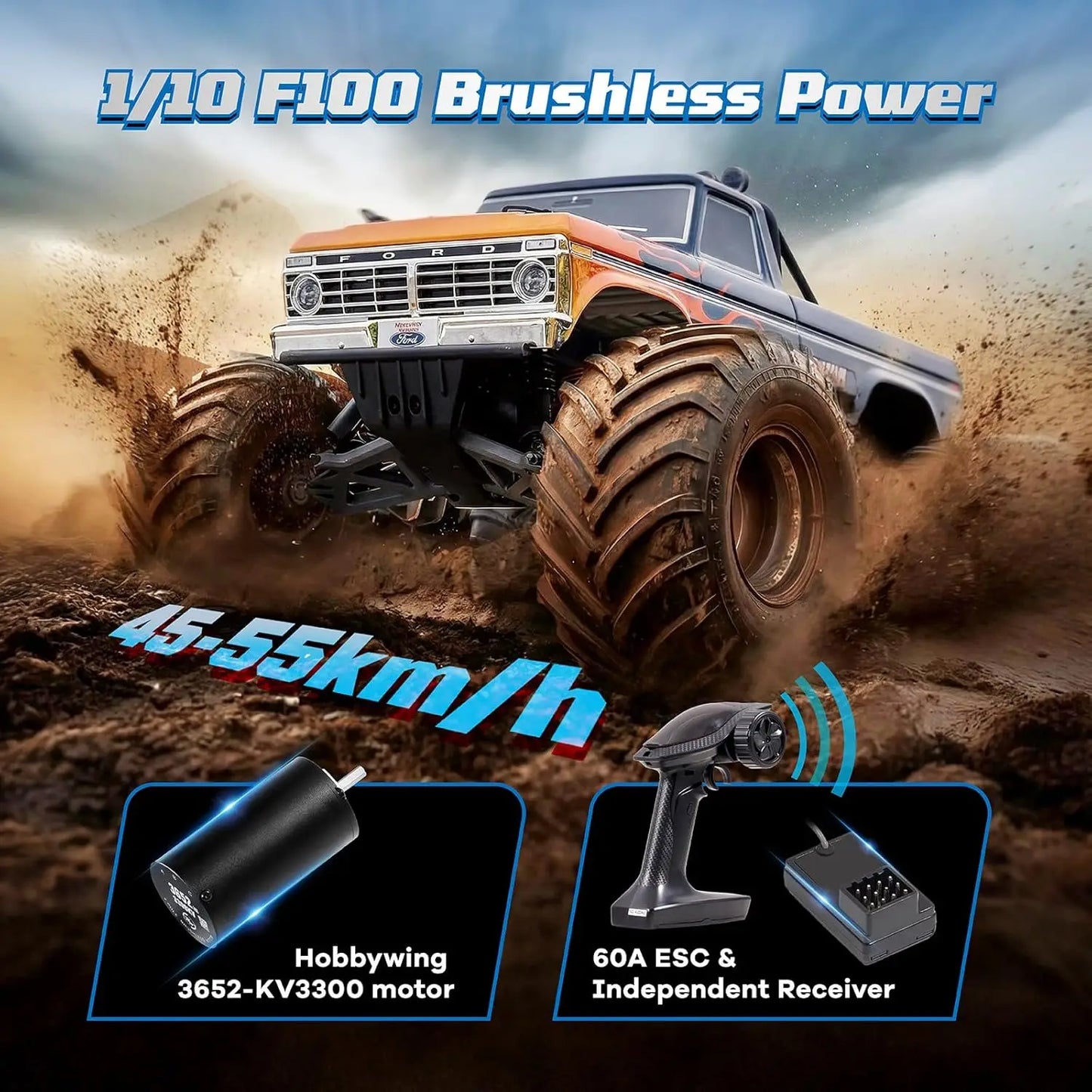 1/10 Ford F-100 Brushless Monster Truck Officially Licensed - 2WD High Speed Off-Road RC Rock Crawler, Hobby Grade Remote Control Car for Adults, RS No Battery (Black)