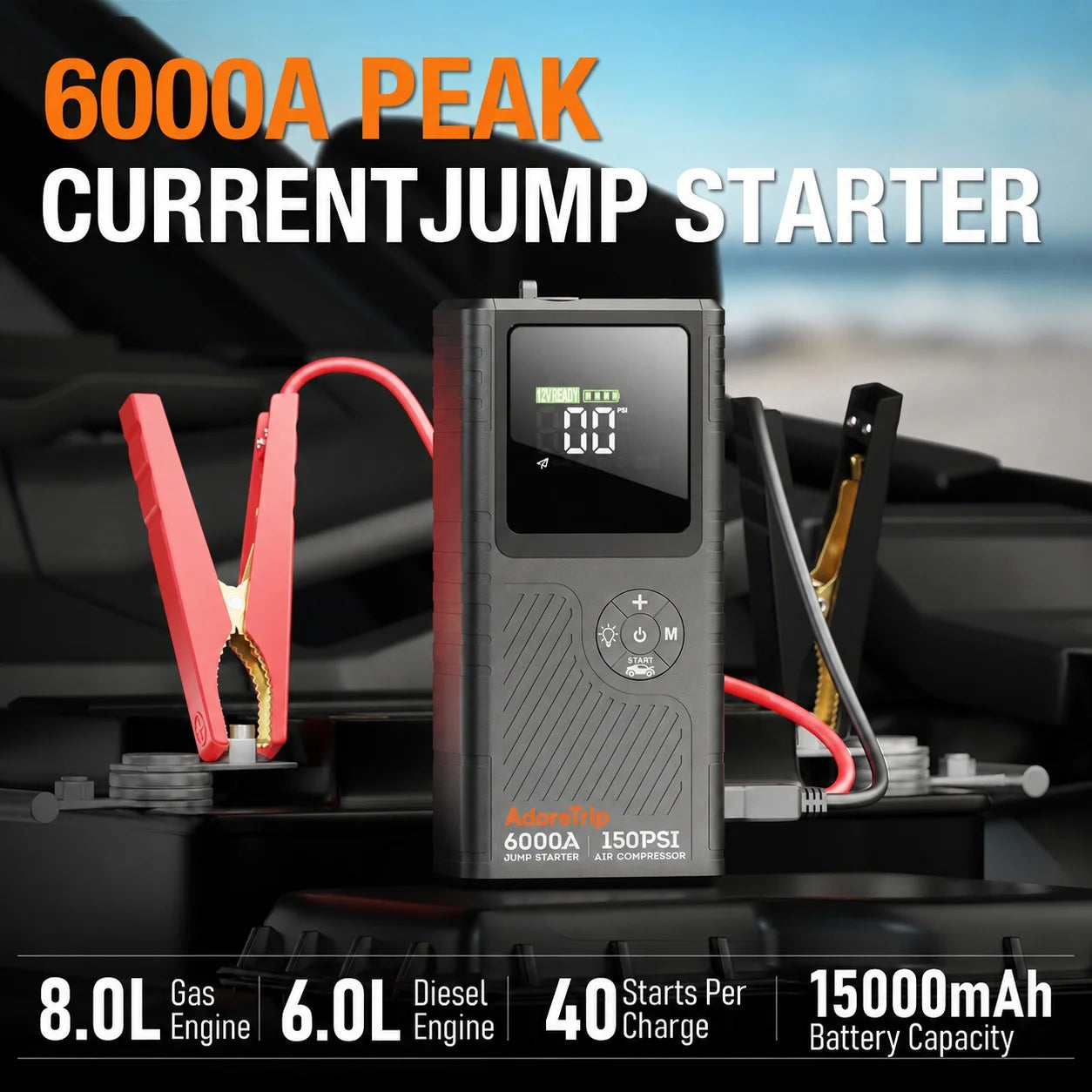 AdoreTrip 6000A Car Jump Starter With Air Compressor 150 PSI